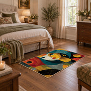 Colorful vintage geometric child portrait area rug styled in a restful bedroom