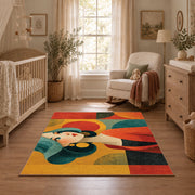 Colorful vintage geometric girl portrait area rug shown in a calm nursery