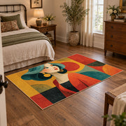 Colorful vintage geometric girl portrait area rug displayed beside a cozy bed