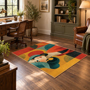 Colorful vintage geometric girl portrait area rug angled view in a classic bedroom