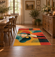 Colorful vintage geometric girl portrait area rug shown in a bright dining space