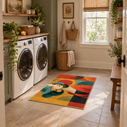 Colorful vintage geometric girl portrait area rug placed in a modern laundry room