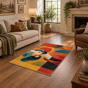 Colorful vintage geometric girl portrait area rug shown beside a comfortable sofa