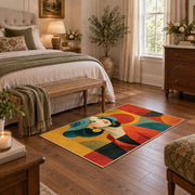 Colorful vintage geometric girl portrait area rug styled in a restful bedroom