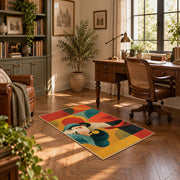 Colorful vintage geometric girl portrait area rug displayed in a sunlit home office