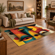 Colorful vintage geometric fruit still life area rug styled in a warm living room