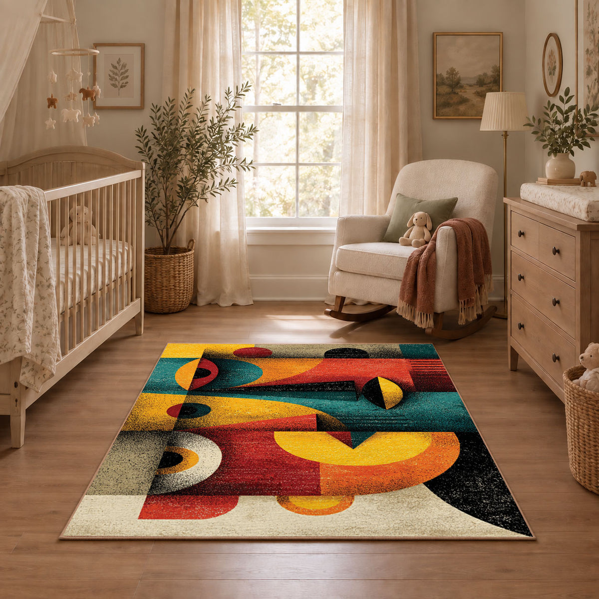 Colorful vintage geometric fruit still life area rug shown in a calm nursery