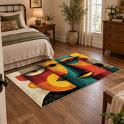 Colorful vintage geometric fruit still life area rug displayed beside a cozy bed