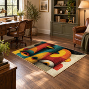 Colorful vintage geometric fruit still life area rug angled view in a classic bedroom
