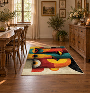 Colorful vintage geometric fruit still life area rug shown in a bright dining space