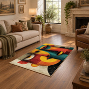 Colorful vintage geometric fruit still life area rug shown beside a comfortable sofa