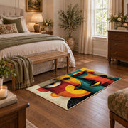 Colorful vintage geometric fruit still life area rug styled in a restful bedroom