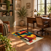 Colorful vintage geometric fruit still life area rug displayed in a sunlit home office