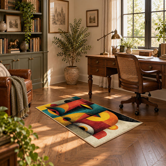 Colorful vintage geometric fruit still life area rug displayed in a sunlit home office