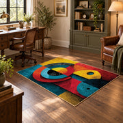 Colorful vintage geometric cubist face area rug angled view in a classic bedroom