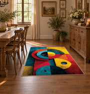 Colorful vintage geometric cubist face area rug shown in a bright dining space