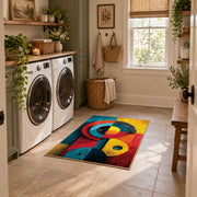 Colorful vintage geometric cubist face area rug placed in a modern laundry room