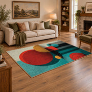 Colorful vintage geometric tree art area rug styled in a warm living room