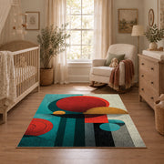 Colorful vintage geometric tree art area rug shown in a calm nursery