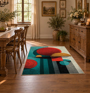 Colorful vintage geometric tree art area rug shown in a bright dining space