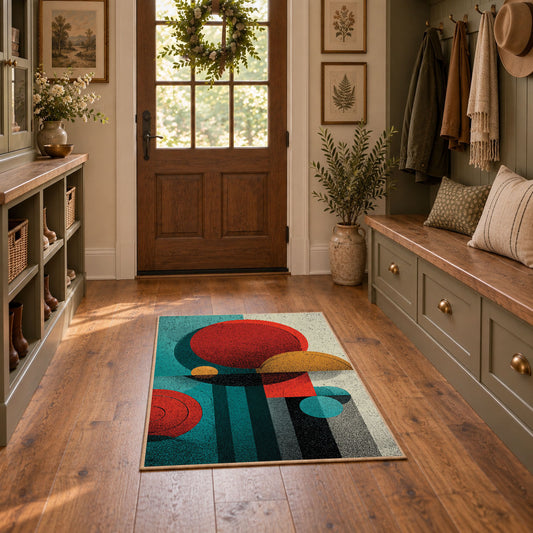Colorful vintage geometric tree art area rug displayed in a refined hallway