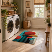 Colorful vintage geometric tree art area rug placed in a modern laundry room