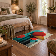 Colorful vintage geometric tree art area rug styled in a restful bedroom