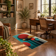 Colorful vintage geometric tree art area rug displayed in a sunlit home office