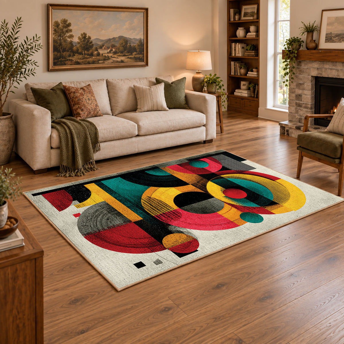 Colorful vintage geometric retro floral area rug styled in a warm living room