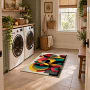 Colorful vintage geometric retro floral area rug placed in a modern laundry room