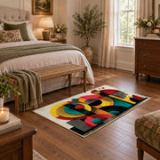 Colorful vintage geometric retro floral area rug styled in a restful bedroom
