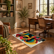 Colorful vintage geometric retro floral area rug displayed in a sunlit home office
