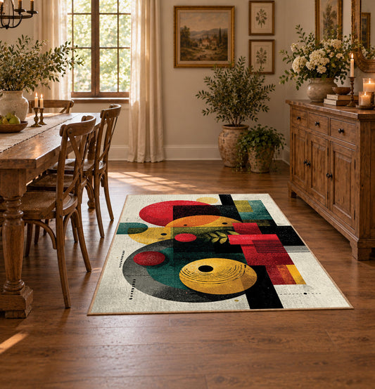 Colorful vintage geometric fruit still life area rug shown in a bright dining space