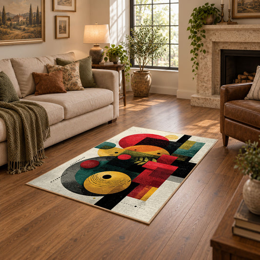 Colorful vintage geometric fruit still life area rug shown beside a comfortable sofa