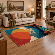 Colorful vintage geometric mountain landscape area rug styled in a warm living room