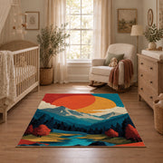 Colorful vintage geometric mountain landscape area rug shown in a calm nursery