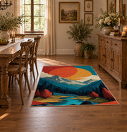 Colorful vintage geometric mountain landscape area rug shown in a bright dining space