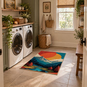 Colorful vintage geometric mountain landscape area rug placed in a modern laundry room