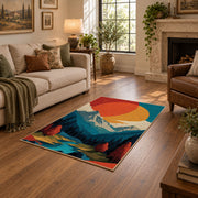 Colorful vintage geometric mountain landscape area rug shown beside a comfortable sofa