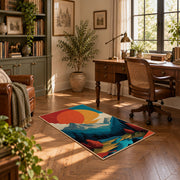 Colorful vintage geometric mountain landscape area rug displayed in a sunlit home office