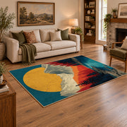 Colorful vintage geometric mountain vista area rug styled in a warm living room
