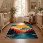 Colorful vintage geometric mountain vista area rug shown in a calm nursery