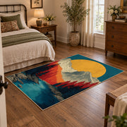 Colorful vintage geometric mountain vista area rug displayed beside a cozy bed