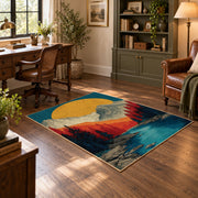 Colorful vintage geometric mountain vista area rug angled view in a classic bedroom