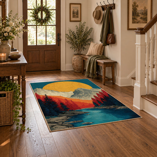 Colorful vintage geometric mountain vista area rug styled in a welcoming entryway