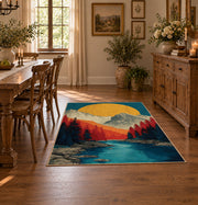 Colorful vintage geometric mountain vista area rug shown in a bright dining space
