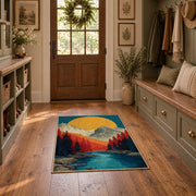 Colorful vintage geometric mountain vista area rug displayed in a refined hallway