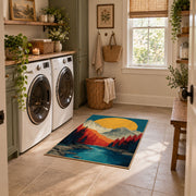 Colorful vintage geometric mountain vista area rug placed in a modern laundry room