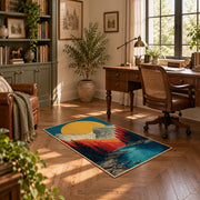 Colorful vintage geometric mountain vista area rug displayed in a sunlit home office