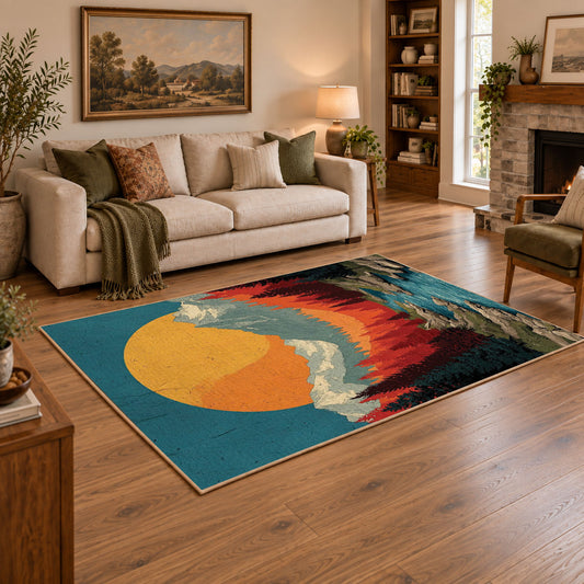 Colorful vintage geometric mountain horizon area rug styled in a warm living room